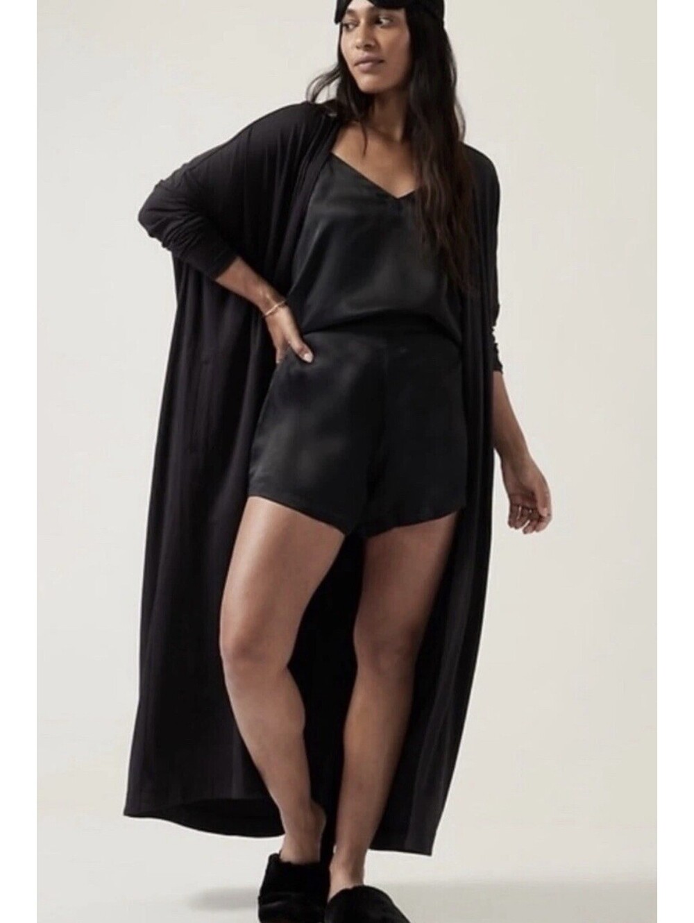 ATHLETA Modal Full Length Robe Black Long Open Front Cardigan Sz S/M
